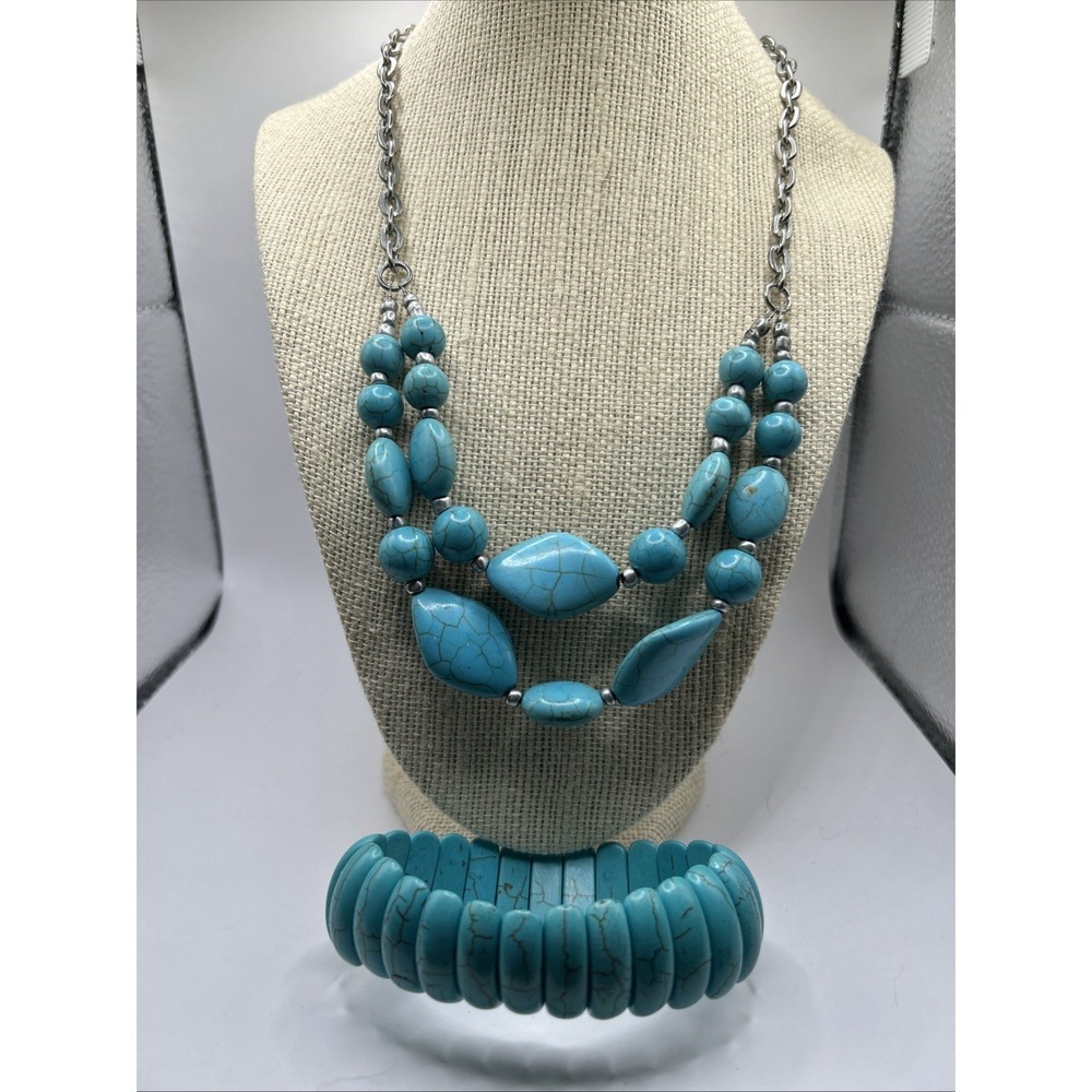 Turquoise Silver Costume Necklace & Bracelet Boho Bohemian ‎ Western Southwest